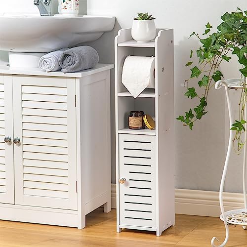 AOJEZOR Toilet Paper Holder Stand: No Drill PVC Small Bathroom Cabinet for Apartment Dwellers - Rental Deposit Protection - Small Space Storage Saving - Homesidy.com