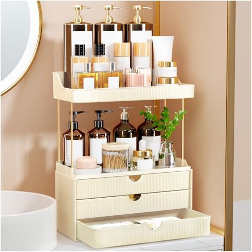 StorBin 3 Drawers Makeup Organizer - 5 Tier Bathroom Counter Organizers and Storage, Versatile Perfume Vanity Organizer, Ideal for Cosmetic, Large Skincare, Face Mask, Office Supplies, Amber - Homesidy.com
