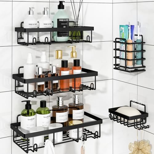 Liuoud 5 Pack Shower Caddy Organizer Rack Shelf for Inside Shower, Adhesive Bathroom Wall Storage Basket Rustproof Stainless Steel Shampoo Holder, Girly Bathroom Accessory Decor Set, Pink - Homesidy.com