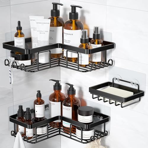 YASONIC Corner Adhesive Shower Caddy, with Soap Holder and 12 Hooks, Rustproof Stainless Steel Bathroom Organizer, No Drilling Wall Mounted Rack, Black, 3 - Pack - Homesidy.com