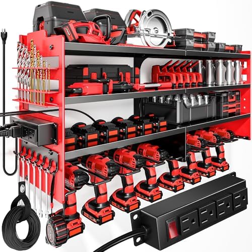 POKIPO Large Power Tool Organizer Wall Mount with Charging Station,4 Layer Heavy Duty Metal Tool Storage Rack Loads 600lbs with 8 Cordless Drill Holder,Battery Utility Rack Loads with 4 Power Strip - Homesidy.com