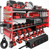 POKIPO Large Power Tool Organizer Wall Mount with Charging Station,4 Layer Heavy Duty Metal Tool Storage Rack Loads 600lbs with 8 Cordless Drill Holder,Battery Utility Rack Loads with 4 Power Strip - Homesidy.com