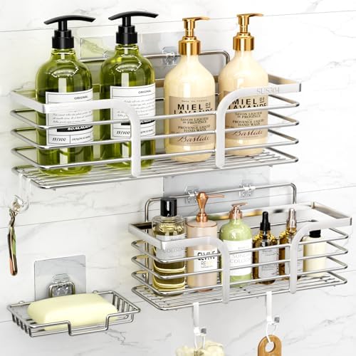 Shower Caddy, Adhesive Shower Organizer with Soap Dish and 4 Hooks, Rustproof Stainless Steel Shower Shelves, Wall Mounted No Drilling Storage Shelf Basket Accessories for Bathroom &amp; Kitchen - Homesidy.com