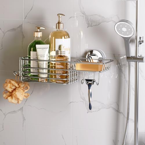 LEVERLOC Shower Caddy Suction Cup, 2 Pack Shower Shelves for Inside Shower with Hooks &amp; Soap Holder, NO - Drilling Bathroom Shower Organizer, Rustproof Meatl Shower Holder Storage, Black - Homesidy.com