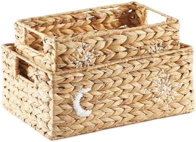 Greenatural Water Hyacinth Storage Baskets Set of 2, Handwoven Rectangular Organizer Trays with Wooden Bead Handles, Nested Wicker Bins for Shelf, Bathroom, Kitchen, Office, Natural Decor - Homesidy.com