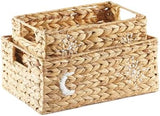 Greenatural Water Hyacinth Storage Baskets Set of 2, Handwoven Rectangular Organizer Trays with Wooden Bead Handles, Nested Wicker Bins for Shelf, Bathroom, Kitchen, Office, Natural Decor - Homesidy.com