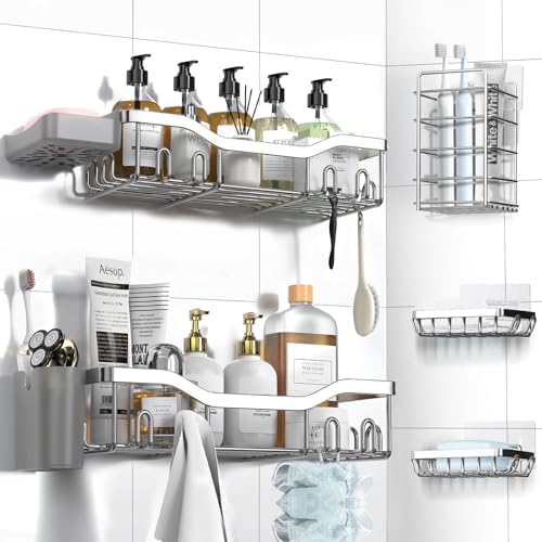 NESOMI Shower Caddy Adhesive Shower Organizer 7 - Pack, Rustproof Stainless Steel Bathroom Shelves, Large Capacity No - Drill Rack Storage Accessories with Soap Dish Toothbrush Holder &amp;24 Hooks Home Decor - Homesidy.com