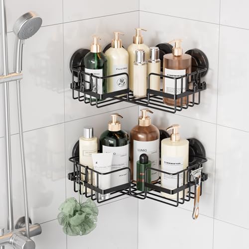 LEVERLOC Corner - adaptive Suction Cup Shower Caddies 2 Pack, Stainless Steel Rustproof Corner Shower Shelf, Large Capacity Removable Suction Cup Bathroom Organizer, Drill - Free Wall Mounted Basket, Gray - Homesidy.com