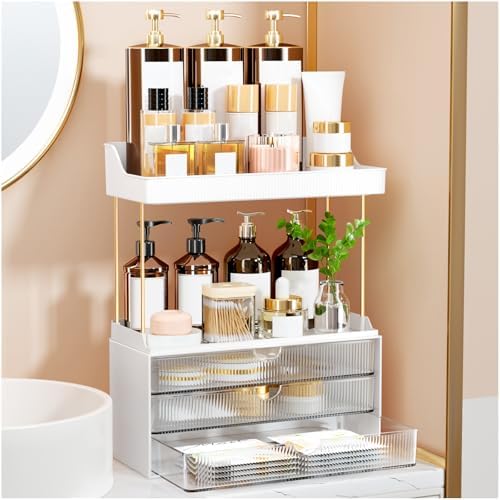 StorBin 3 Drawers Makeup Organizer - 5 Tier Bathroom Counter Organizers and Storage, Versatile Perfume Vanity Organizer, Ideal for Cosmetic, Large Skincare, Face Mask, Office Supplies, Amber - Homesidy.com