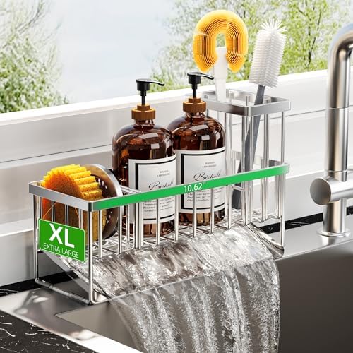 Cisily Kitchen Sink Caddy Organzier with High Brush Holder, Sponge Holder for Sink, 304 Rustproof Stainless, Kitchen Countertop Soap Dispenser Organizer, Kitchen Decor and Accessories - Homesidy.com