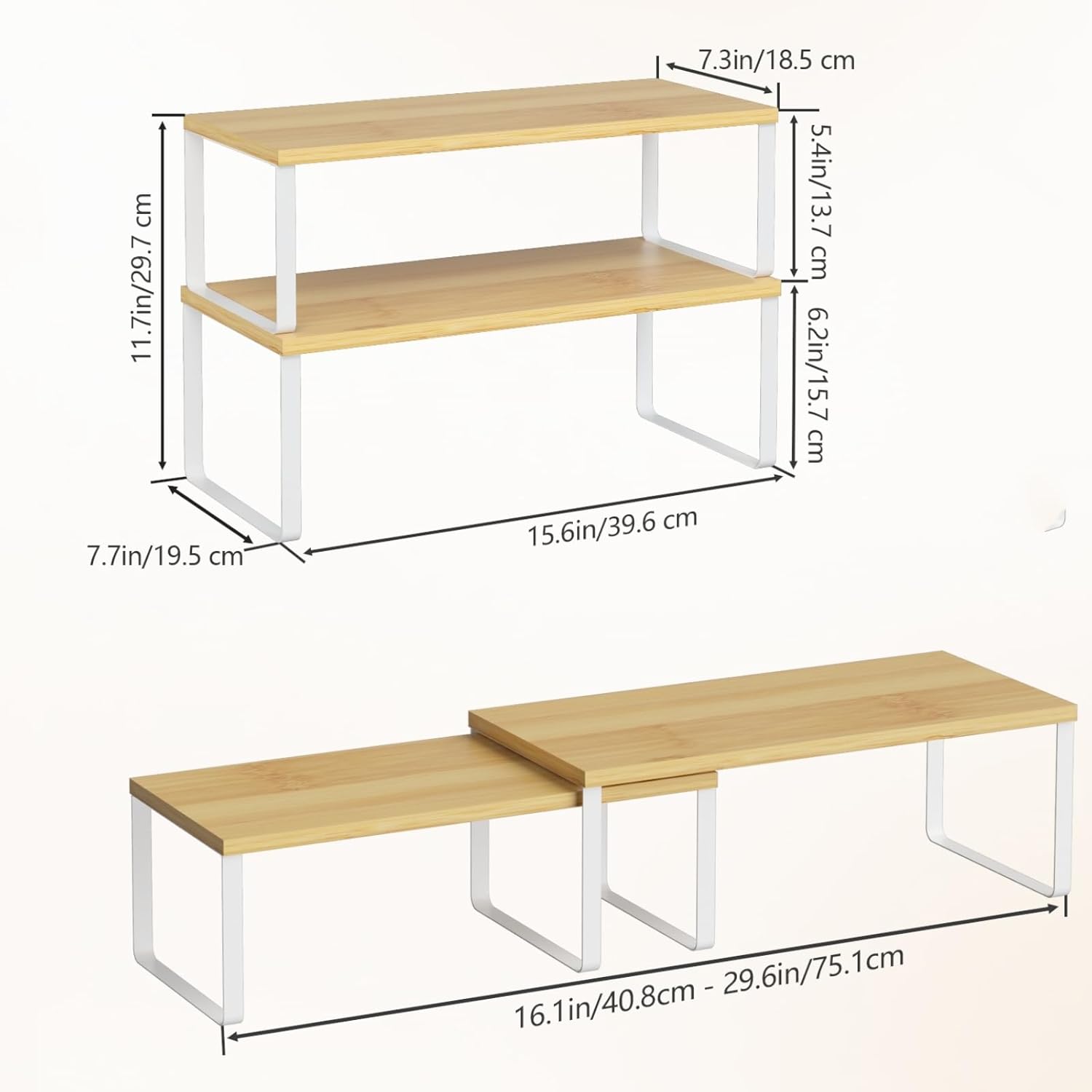 NEX Bamboo Kitchen Cabinet and Counter Shelf Organizer, Stackable &amp; Expandable, Set of 4, White and Natural - Homesidy.com