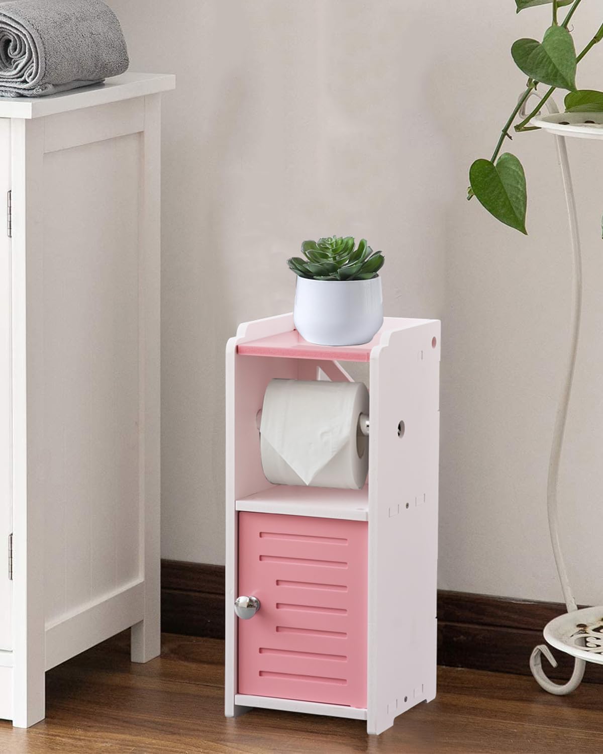 AOJEZOR Toilet Paper Holder Stand: No Drill PVC Small Bathroom Cabinet for Apartment Dwellers - Rental Deposit Protection - Small Space Storage Saving - Homesidy.com