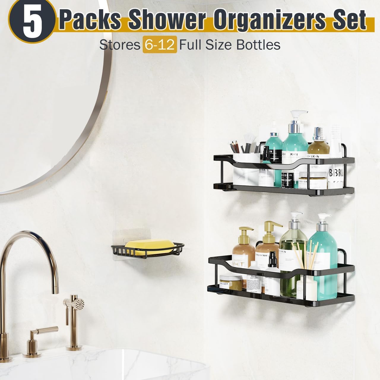 OMAIRA 3 - Pack Shower Caddy with Soap Holder, Adhesive Rustproof No - drill Strudy Loading Inside Shower Organizer Shelves Rack Storage Bathroom Organization for Smooth Wall Glass Tile, Black (Large) - Homesidy.com