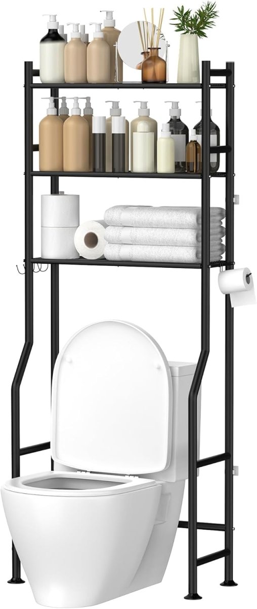 GloTika 3 - Tier Over The Toilet Storage, Space Saver Metal Bathroom Shelves, Freestanding Above Over Toilet Storage Shelf with 4 Hooks for Bathroom, Black - Homesidy.com