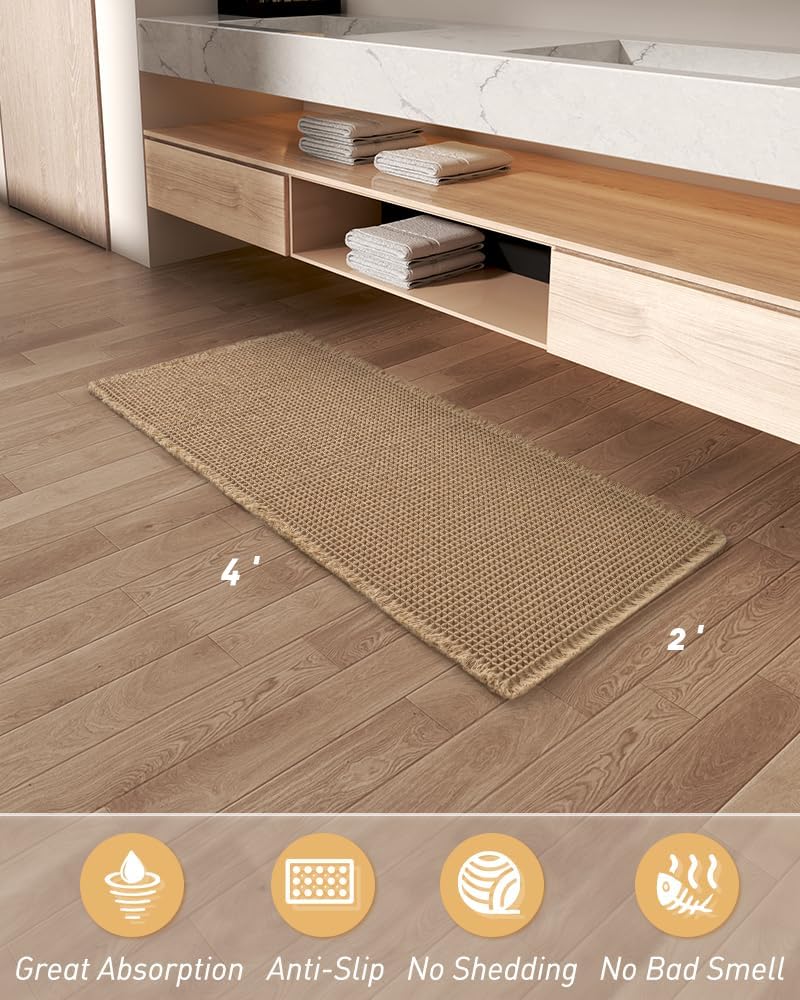 AMOAMI Upgraded Waffle Bath Mat, Super Absorbent Non Slip Bath Mats for Bathroom Floor, Machine Washable Bathroom Rugs with Tassels, Rubber Backed Bathroom Mats, Ultra Soft, 18&34; x 30&34;, Brown - Homesidy.com