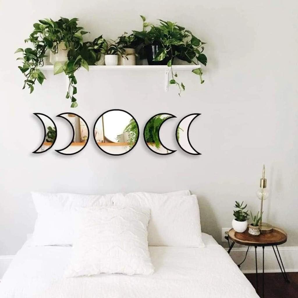 Scandinavian Decor 5 - Piece Acrylic Wall Decor - Wooden Moon Phase Mirror, Bohemian Design for Living Room, Bedroom - Beige - Homesidy.com