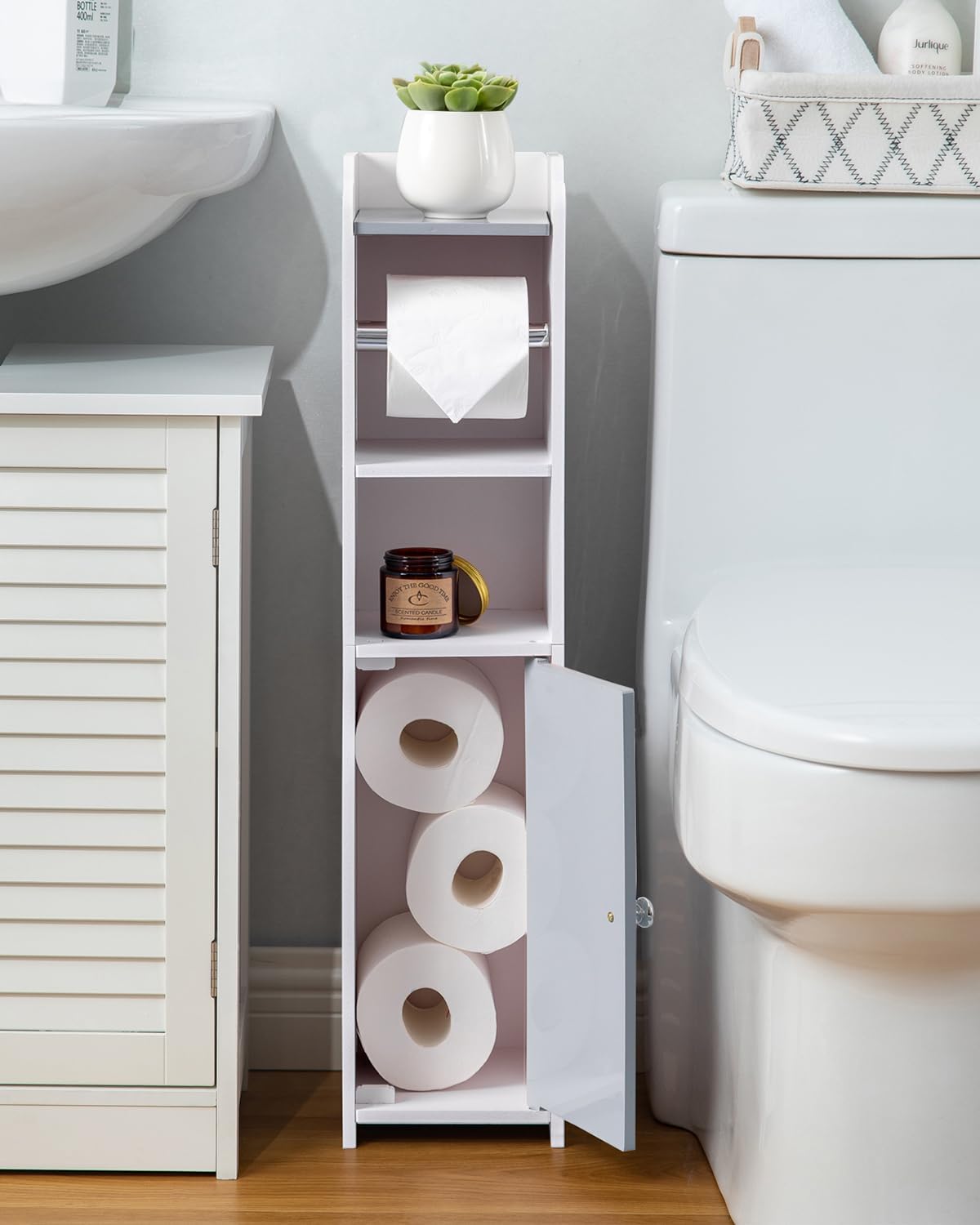 AOJEZOR Toilet Paper Holder Stand: No Drill PVC Small Bathroom Cabinet for Apartment Dwellers - Rental Deposit Protection - Small Space Storage Saving - Homesidy.com