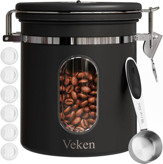 Veken Coffee Canister with Window,Airtight Stainless Steel Pantry Container,Home Kitchen Food Storage Organizers for Ground,Beans,Espresso,Rice,Tea,Sugar,Cereal, Flour,Bar Accessories,Gifts,22OZ,Black - Homesidy.com