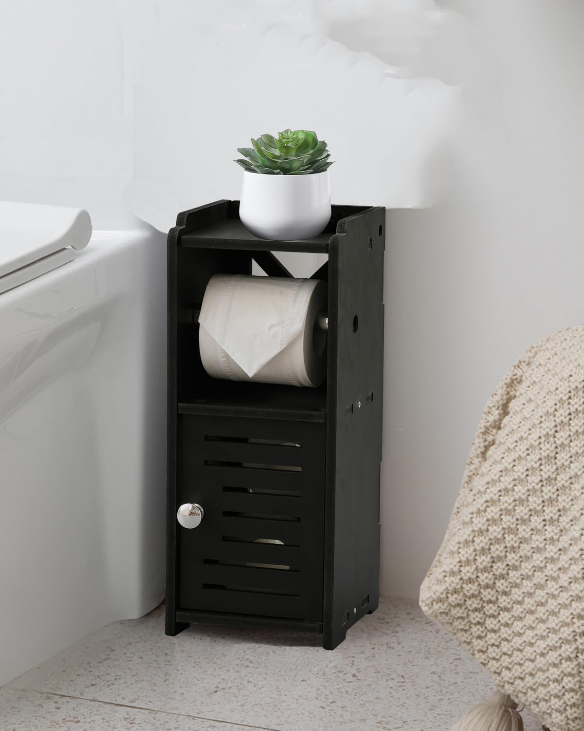 AOJEZOR Toilet Paper Holder Stand: No Drill PVC Small Bathroom Cabinet for Apartment Dwellers - Rental Deposit Protection - Small Space Storage Saving - Homesidy.com