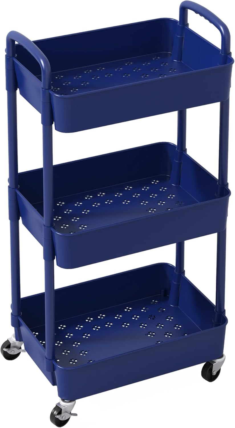 Sywhitta 3 - Tier Plastic Rolling Utility Cart with Handle, Multi - Functional Storage Trolley for Office, Living Room, Kitchen, Movable Storage Organizer with Wheels, White - Homesidy.com