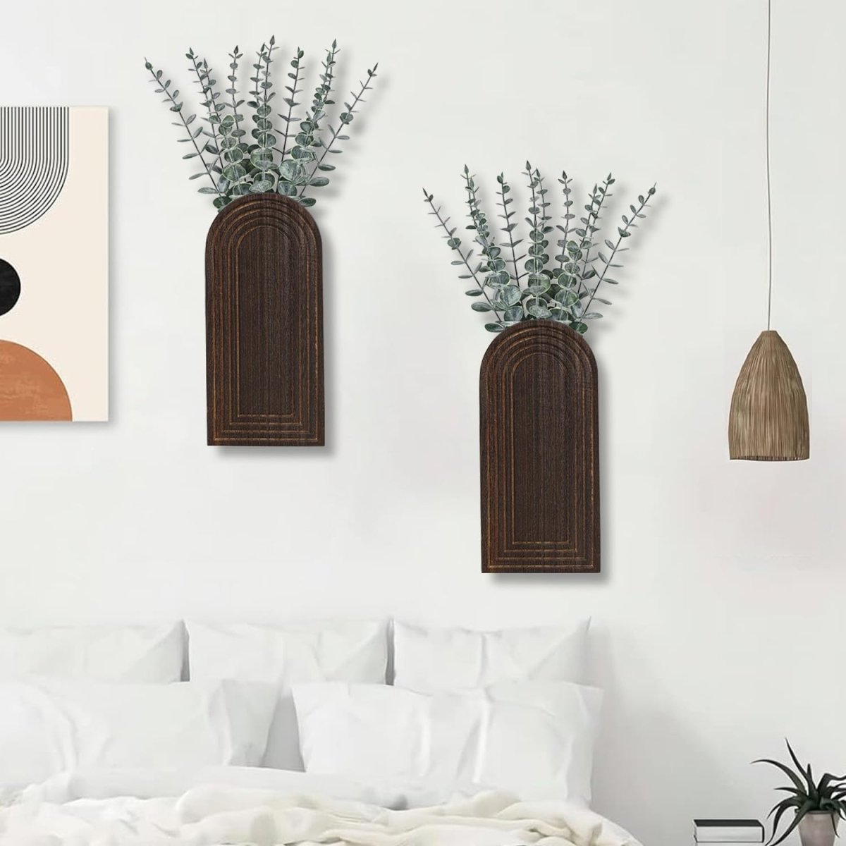 Dnnnii 2 Pack Wooden Wall Vase Set - Brown Finish Modern Farmhouse &amp; Boho Wall Decor for Entryway, Hallway, Bathroom, Living Room, Dining Room, Narrow Spaces - Homesidy.com