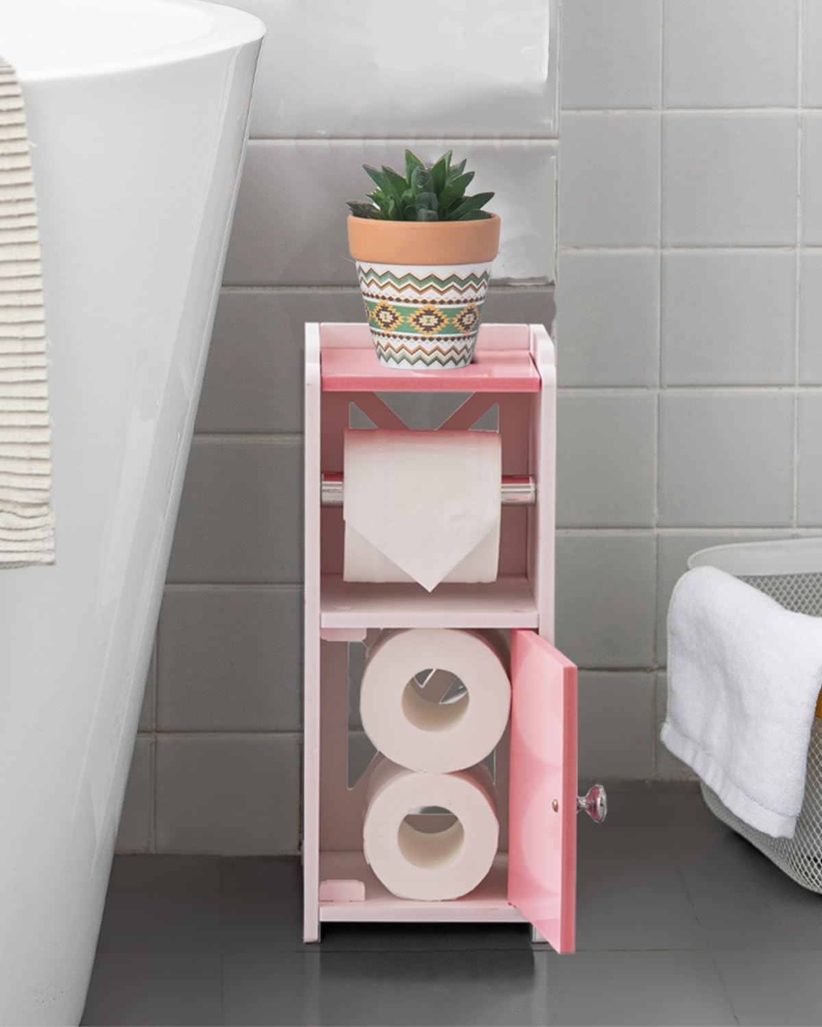 AOJEZOR Toilet Paper Holder Stand: No Drill PVC Small Bathroom Cabinet for Apartment Dwellers - Rental Deposit Protection - Small Space Storage Saving - Homesidy.com