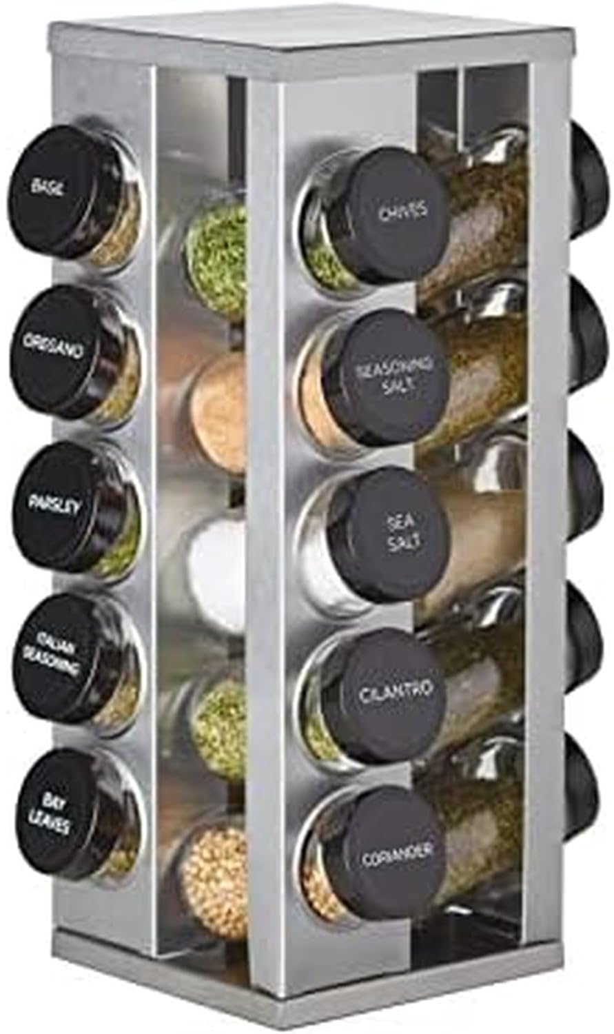 Kamenstein 20 Jar Revolving Countertop Spice Rack with Spices Included, FREE Spice Refills for 5 Years, Polished Stainless Steel with Black Caps, 30020 - Homesidy.com