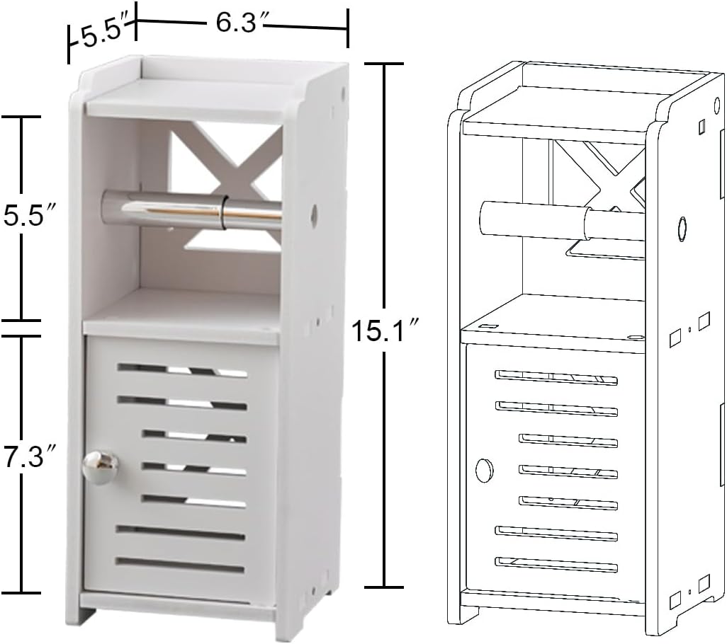 AOJEZOR Toilet Paper Holder Stand: No Drill PVC Small Bathroom Cabinet for Apartment Dwellers - Rental Deposit Protection - Small Space Storage Saving - Homesidy.com