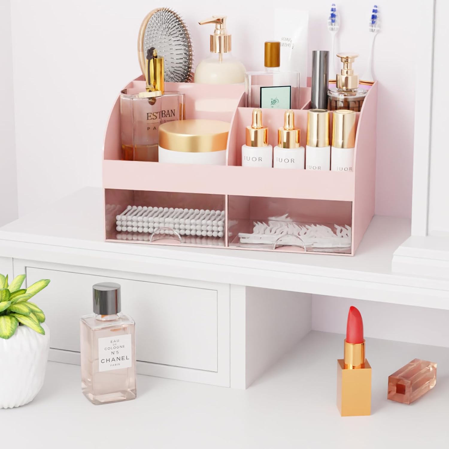 Makeup Organizer with Drawers, Cosmetic Storage for Dresser Vanity and Bathroom Countertop, Beauty Holder for Lipstick Brush, Skincare Organizer for Vanity, Cosmetic Display Case (White) - Homesidy.com