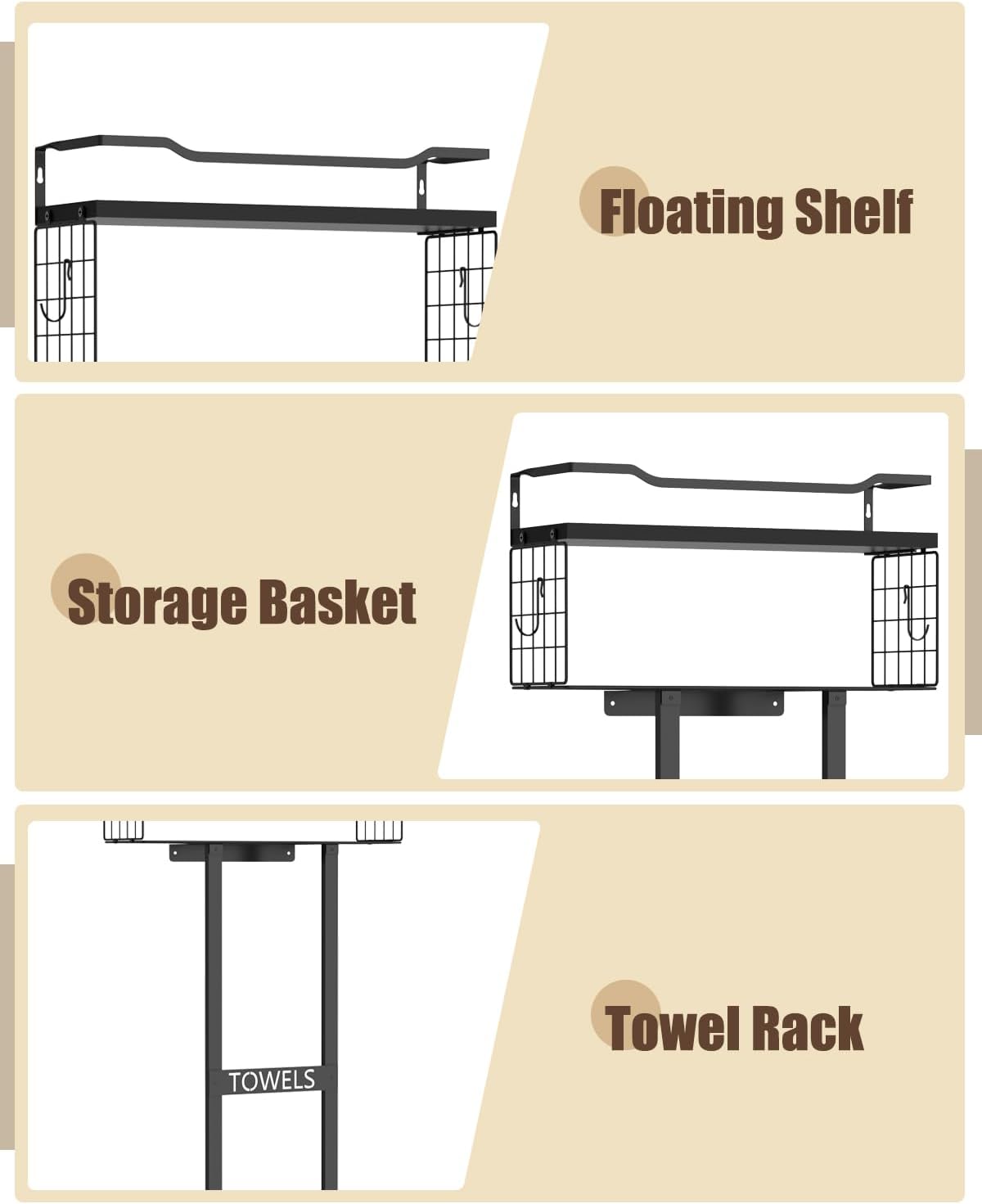 Aetyord Towel Racks for Bathroom 31inch Wall Mounted Towel Rack,Floating Shelf with Wood Plank,Towel Storage for Bathroom can Holds 6 Large Rolled Towels,All Black - Homesidy.com
