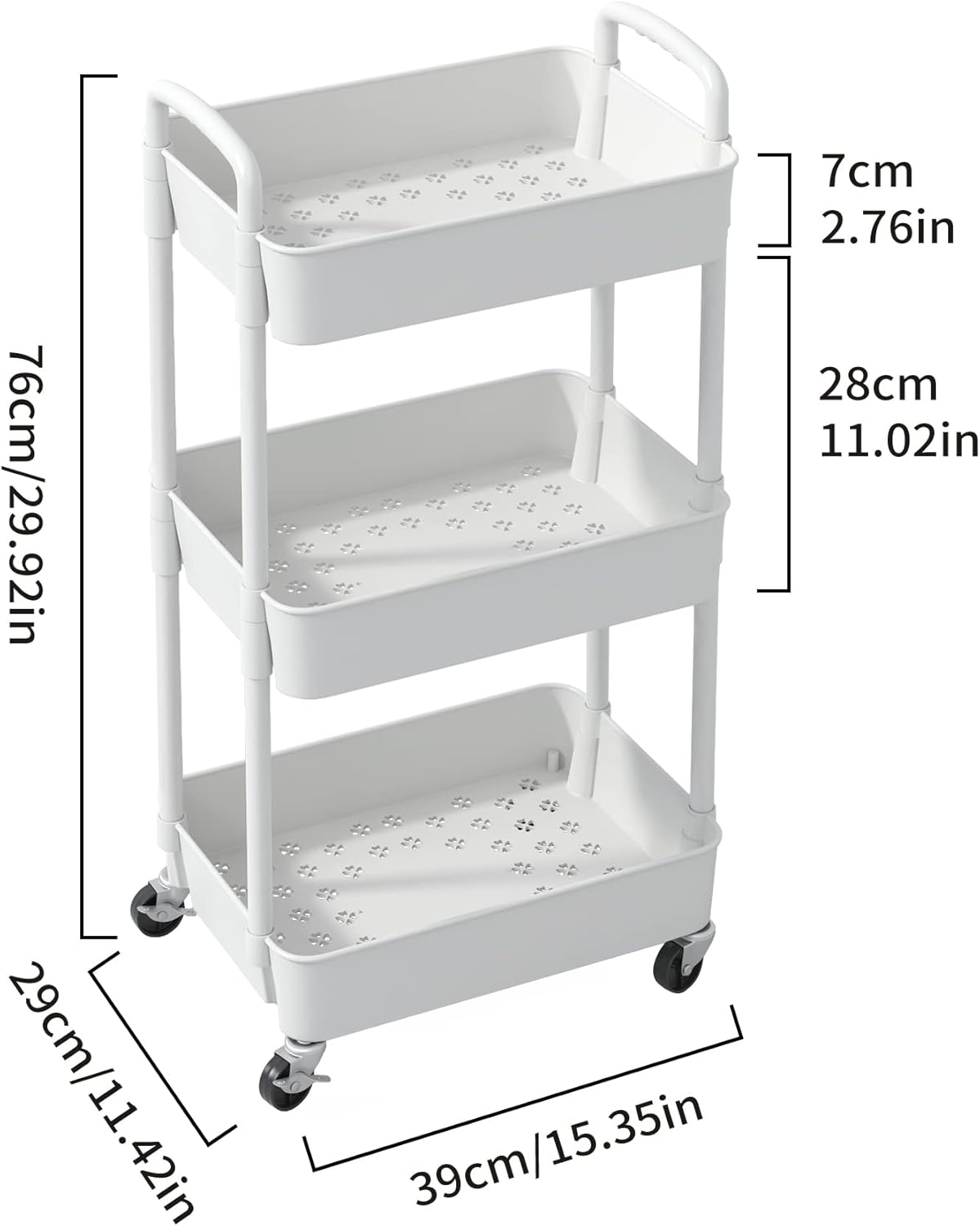 Sywhitta 3 - Tier Plastic Rolling Utility Cart with Handle, Multi - Functional Storage Trolley for Office, Living Room, Kitchen, Movable Storage Organizer with Wheels, White - Homesidy.com