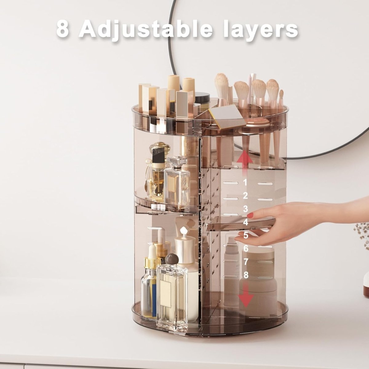 Rotating Makeup Organizer, DIY 8 Adjustable Layers Spinning Skincare Organizer, Cosmetic Display Case with Brush Holder Perfume Tray, Multi - Function Storage Carousel for Vanity Bathroom Countertop - Homesidy.com
