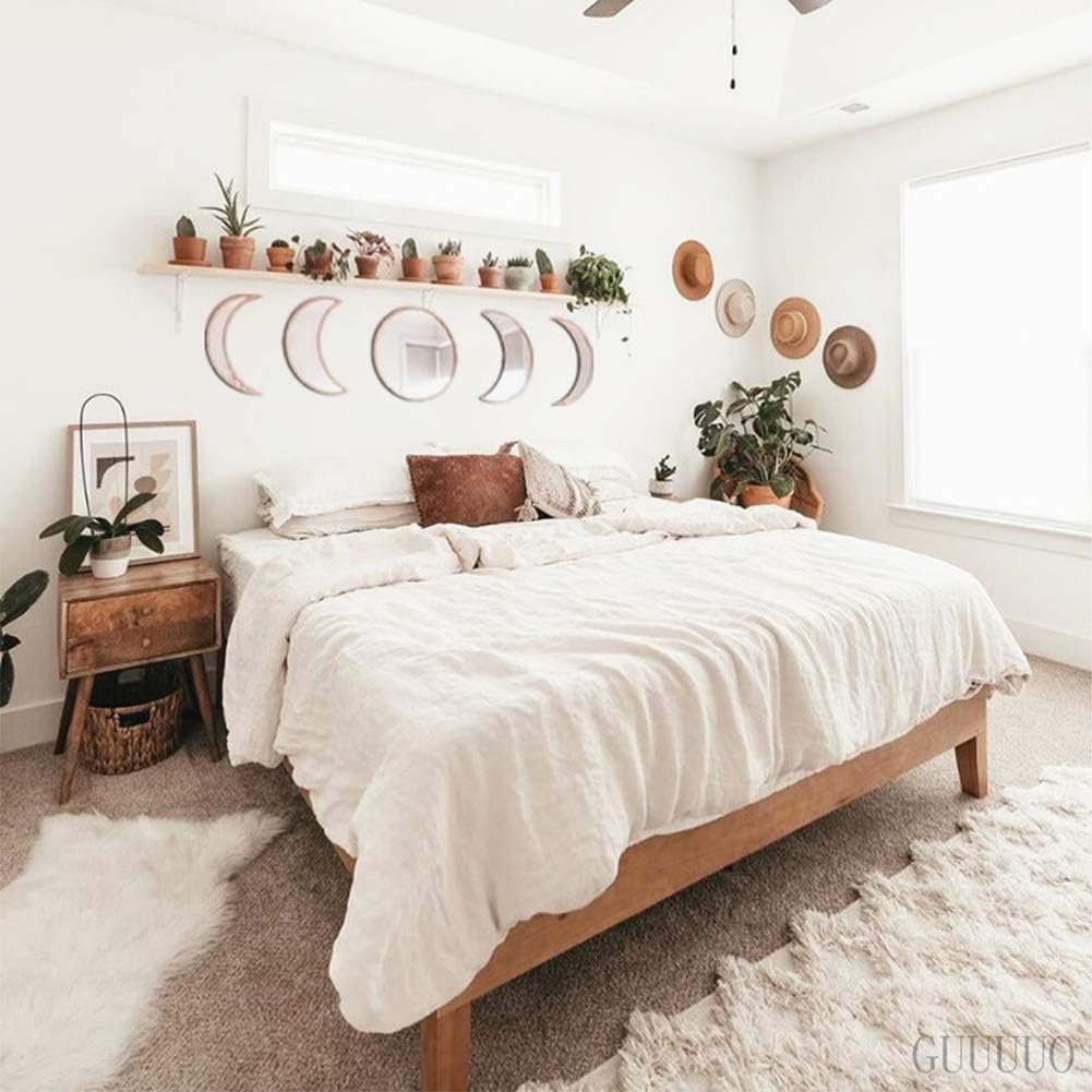 Scandinavian Decor 5 - Piece Acrylic Wall Decor - Wooden Moon Phase Mirror, Bohemian Design for Living Room, Bedroom - Beige - Homesidy.com