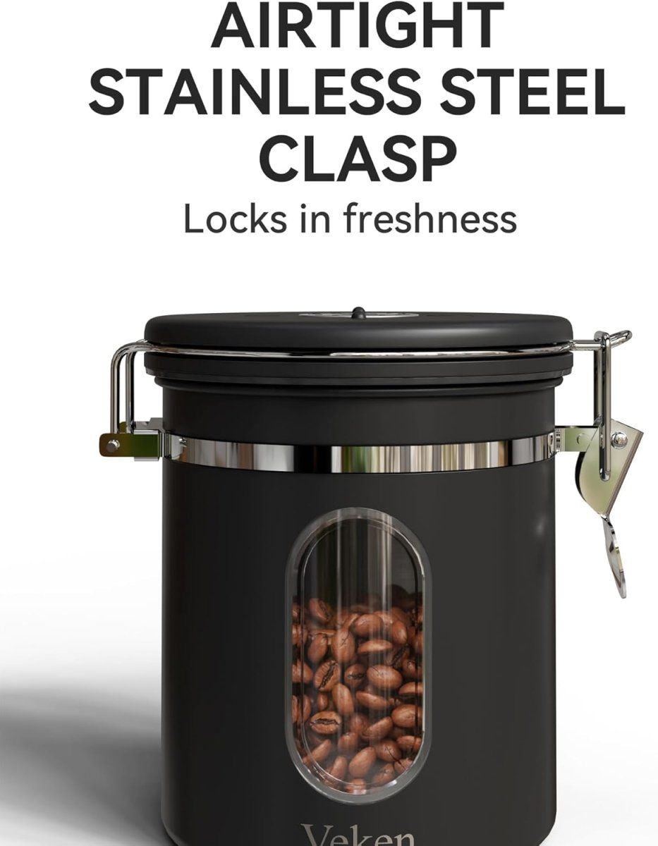 Veken Coffee Canister with Window,Airtight Stainless Steel Pantry Container,Home Kitchen Food Storage Organizers for Ground,Beans,Espresso,Rice,Tea,Sugar,Cereal, Flour,Bar Accessories,Gifts,22OZ,Black - Homesidy.com