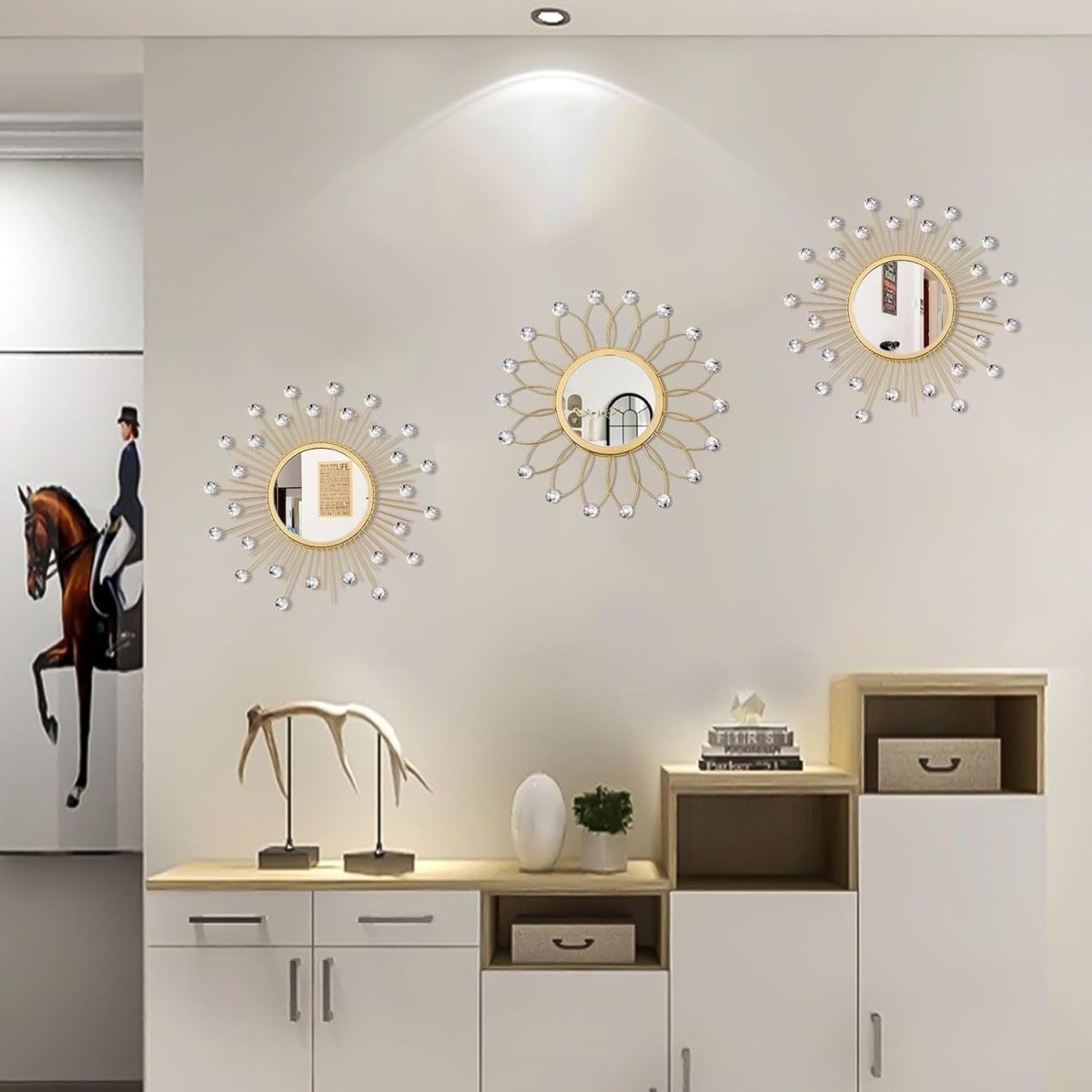 3 Pack Metal Mirrors for Wall Sunburst Wall Mirrors Home Décor Decorative Hanging Wall Art for Living Room Bedroom Entryway (Gold, Flower Sunburst) - Homesidy.com