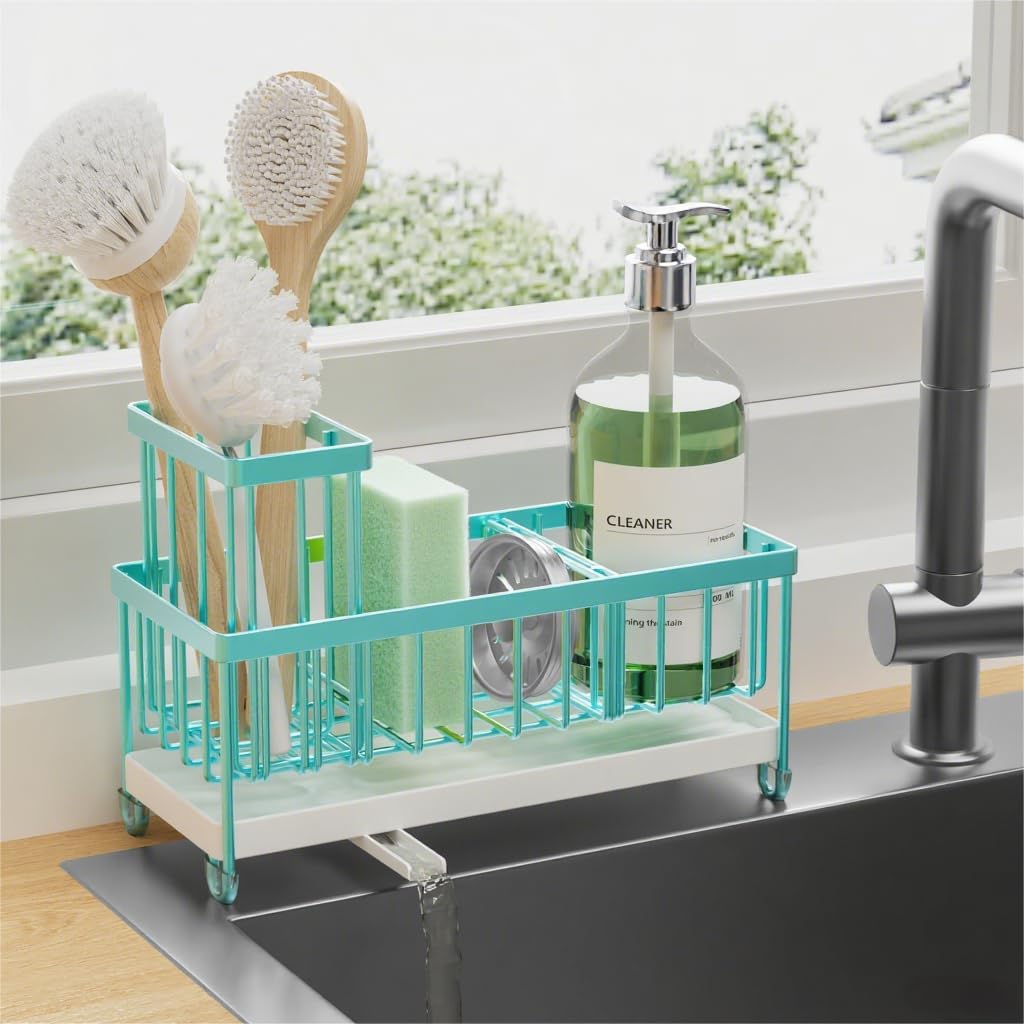 Cisily Black Sponge Holder for Kitchen Sink, Sink Caddy Organizer with High Brush Holder, Kitchen Countertop Organizers and Storage Essentials, Rustproof 304 Stainless Steel, Soap Dispenser Organize - Homesidy.com