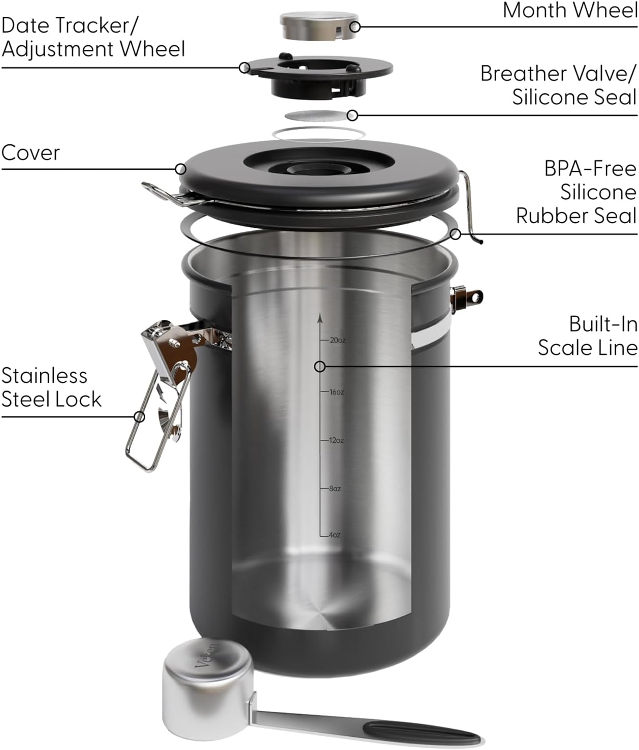 Veken Coffee Canister with Window,Airtight Stainless Steel Pantry Container,Home Kitchen Food Storage Organizers for Ground,Beans,Espresso,Rice,Tea,Sugar,Cereal, Flour,Bar Accessories,Gifts,22OZ,Black - Homesidy.com