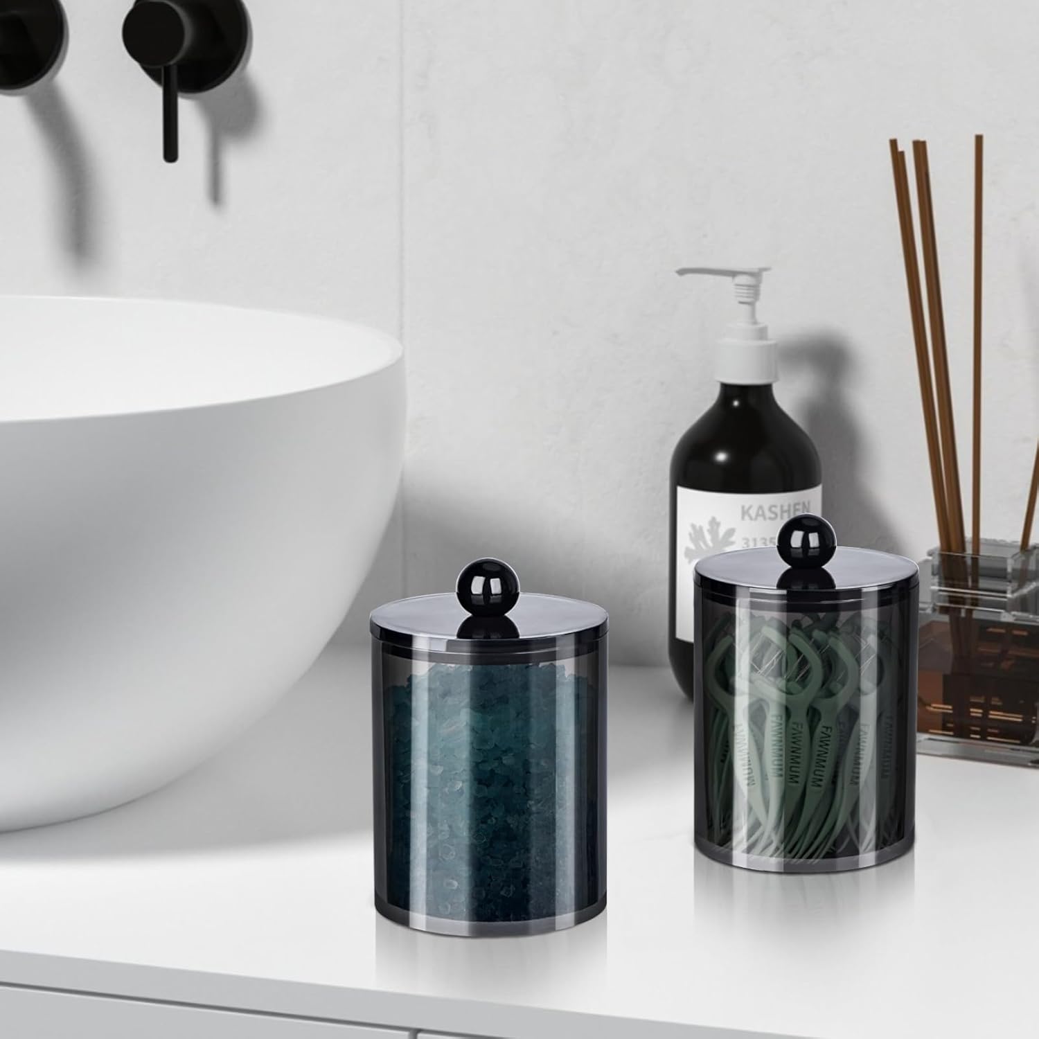 XIPENGKEJI 2 Pack Qtip Holder,Canister Apothecary Jar Set, Bathroom Jars with Lids Set for Cotton Swabs, Balls, Pads, Floss Picks,10oz - 12oz Plastic Canisters Restroom Bedroom Vanity Organizer(Black) - Homesidy.com
