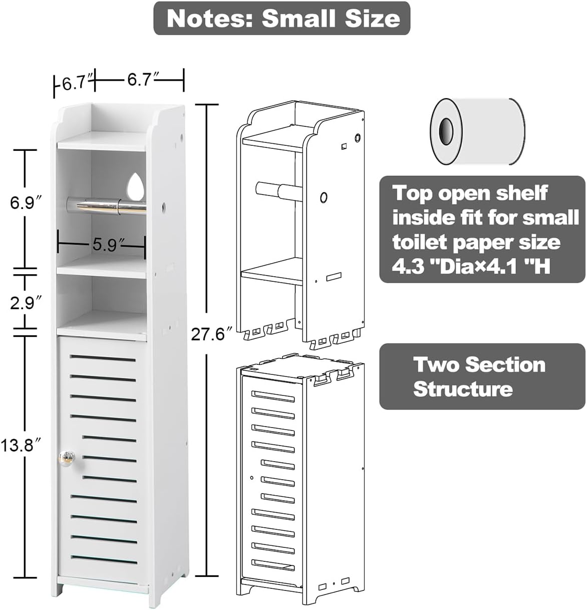 AOJEZOR Toilet Paper Holder Stand: No Drill PVC Small Bathroom Cabinet for Apartment Dwellers - Rental Deposit Protection - Small Space Storage Saving - Homesidy.com