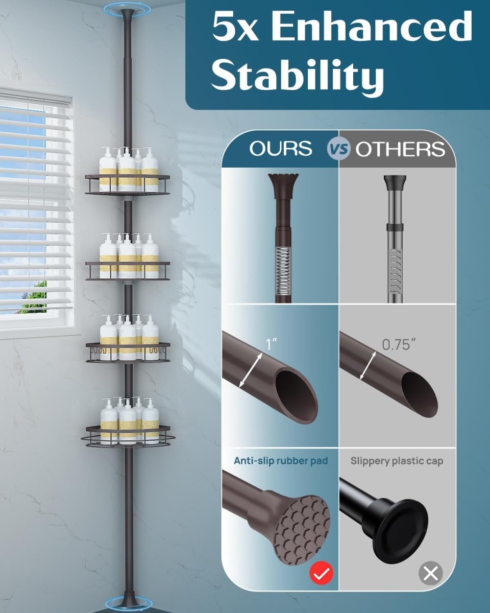SEIRIONE Rustproof Shower Corner Caddy Organizer for Bathroom, 4 Adjustable Shelves with Tension Pole, for Bathtub Shampoo Accessories Storage Holder, 34 to 116 Inch Height - Homesidy.com
