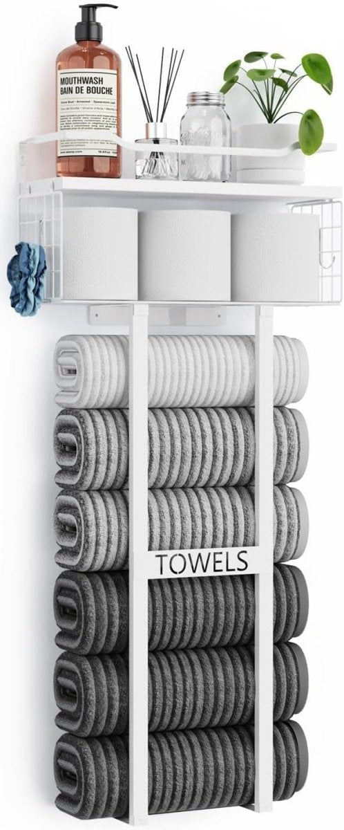 Aetyord Towel Racks for Bathroom 31inch Wall Mounted Towel Rack,Floating Shelf with Wood Plank,Towel Storage for Bathroom can Holds 6 Large Rolled Towels,All Black - Homesidy.com