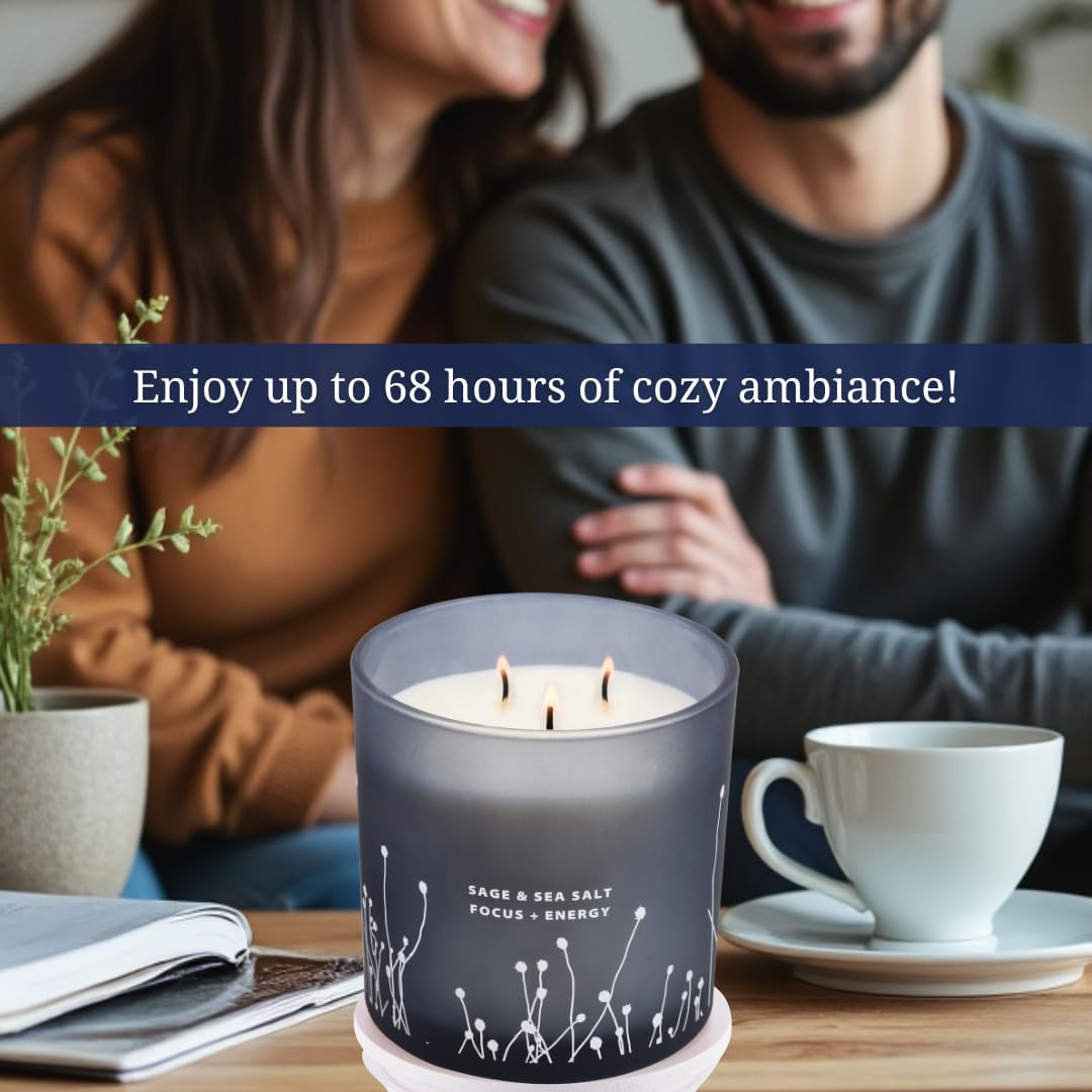 White Sage Sea Salt 3 Wick Candle - Large Soy Scented Candle 14.5 oz - Sage Candle for Cleansing House - Aromatherapy Energy Cleansing Candle for Home, Stress Relief, Women &amp; Men - Homesidy.com