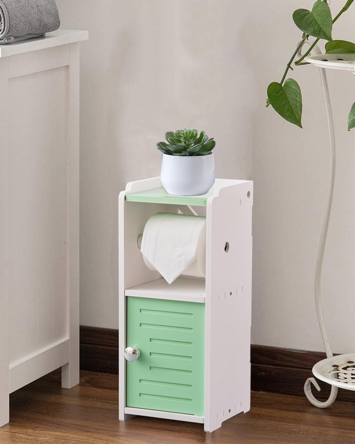 AOJEZOR Toilet Paper Holder Stand: No Drill PVC Small Bathroom Cabinet for Apartment Dwellers - Rental Deposit Protection - Small Space Storage Saving - Homesidy.com