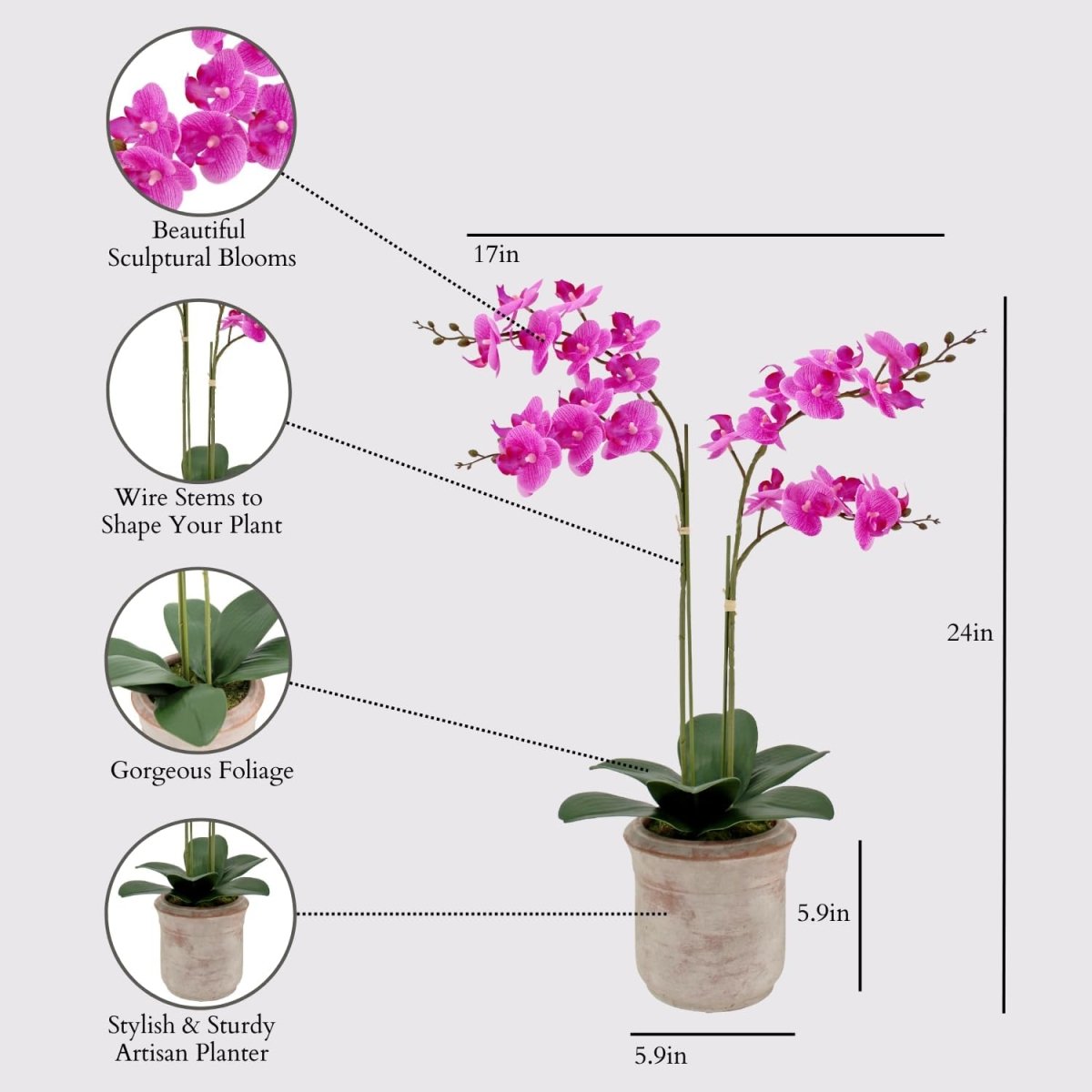 CG Hunter Faux White Orchid Plant, Premium Artificial Indoor Flower Display Stands 25 - Inches with Beautiful Sculptural Blooms and Foliage That Lasts Forever, Grey Planter Pot Included - Homesidy.com