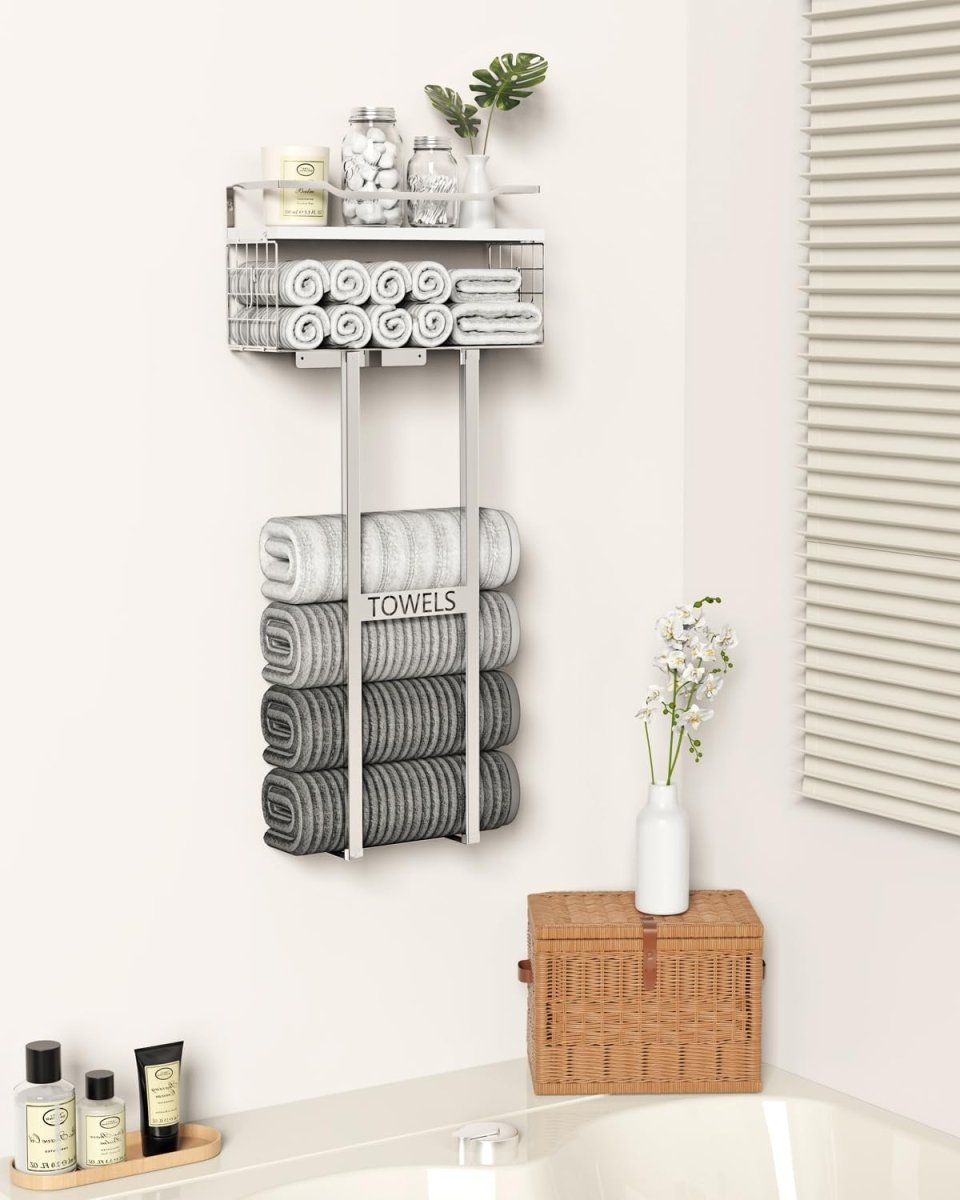 Aetyord Towel Racks for Bathroom 31inch Wall Mounted Towel Rack,Floating Shelf with Wood Plank,Towel Storage for Bathroom can Holds 6 Large Rolled Towels,All Black - Homesidy.com