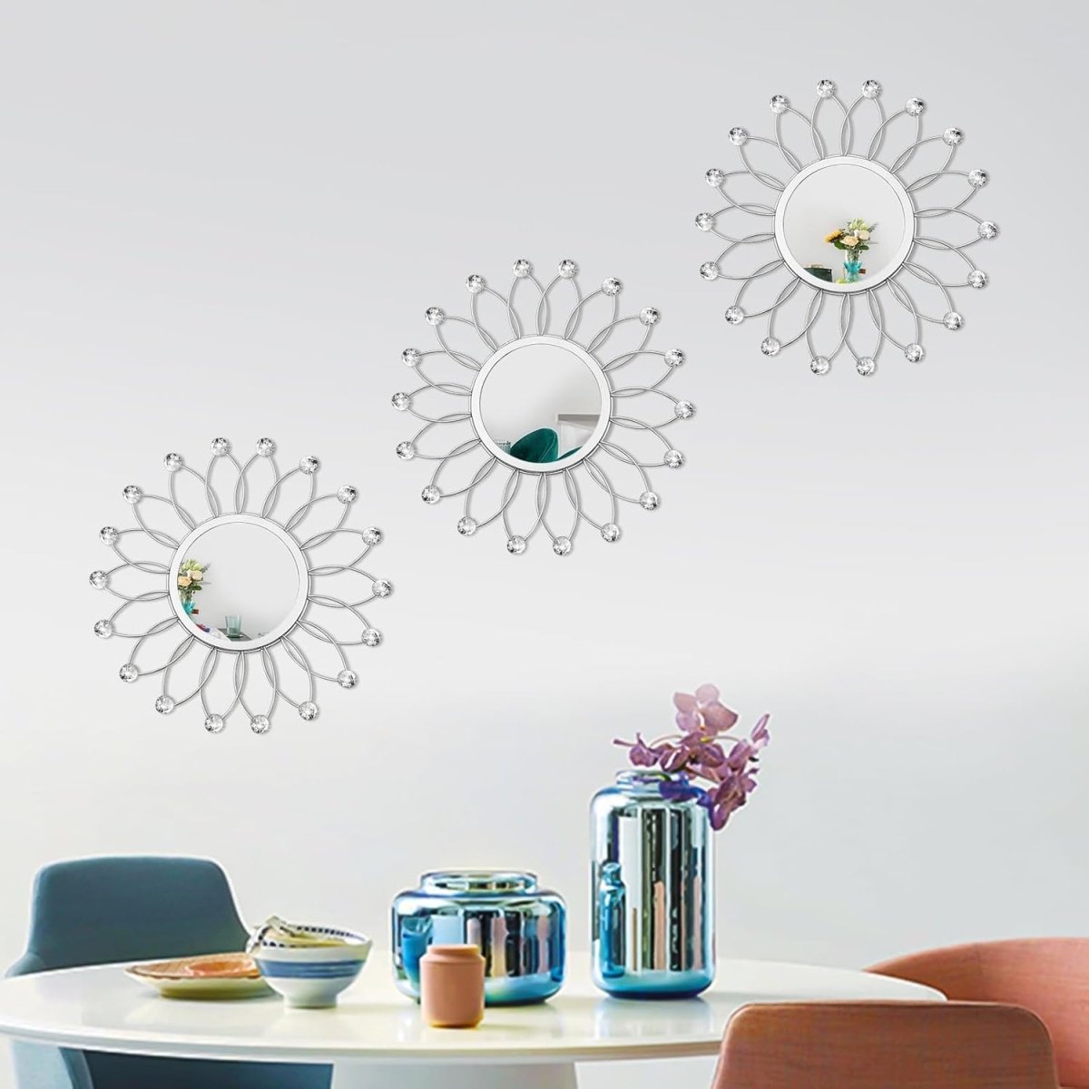 3 Pack Metal Mirrors for Wall Sunburst Wall Mirrors Home Décor Decorative Hanging Wall Art for Living Room Bedroom Entryway (Gold, Flower Sunburst) - Homesidy.com