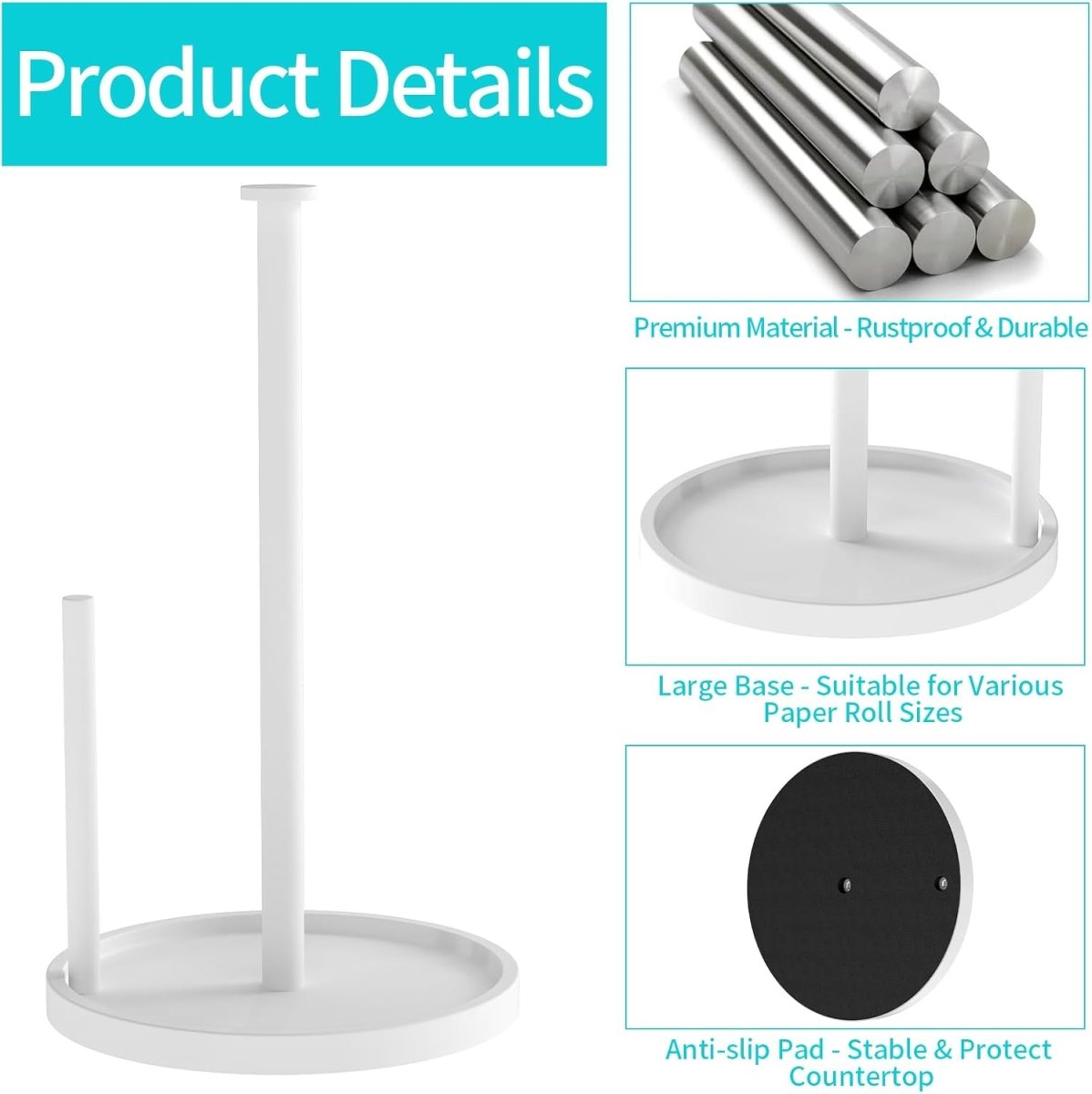 Paper Towel Holder Countertop, Standing Paper Roll Holder with Anti Slip Weighted Base, Stainless Steel Freestanding Paper Towel Holder for Kitchen, Black - Homesidy.com