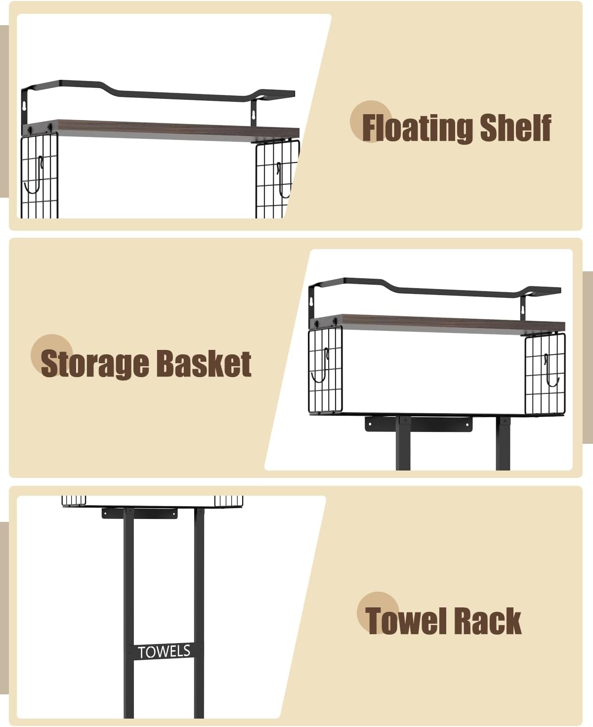 Aetyord Towel Racks for Bathroom 31inch Wall Mounted Towel Rack,Floating Shelf with Wood Plank,Towel Storage for Bathroom can Holds 6 Large Rolled Towels,All Black - Homesidy.com