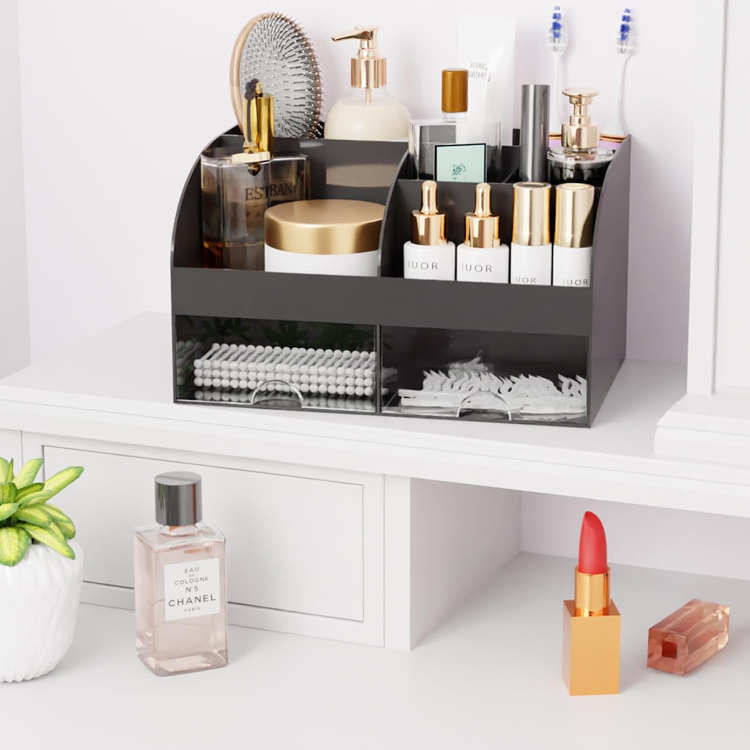 Makeup Organizer with Drawers, Cosmetic Storage for Dresser Vanity and Bathroom Countertop, Beauty Holder for Lipstick Brush, Skincare Organizer for Vanity, Cosmetic Display Case (White) - Homesidy.com