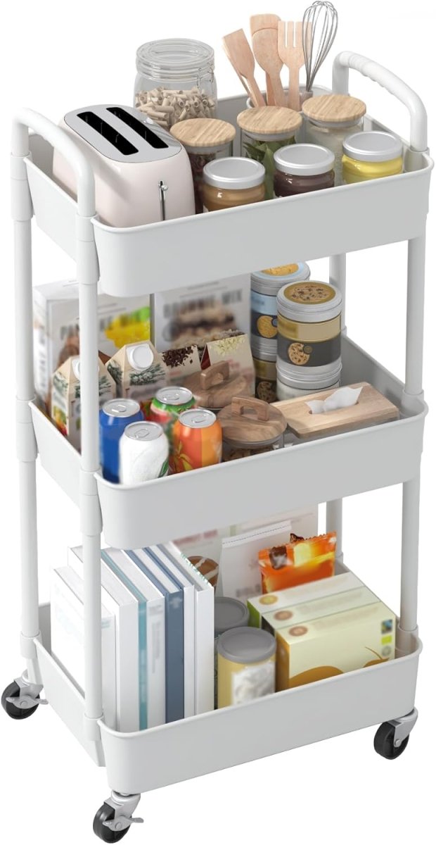 Sywhitta 3 - Tier Plastic Rolling Utility Cart with Handle, Multi - Functional Storage Trolley for Office, Living Room, Kitchen, Movable Storage Organizer with Wheels, White - Homesidy.com